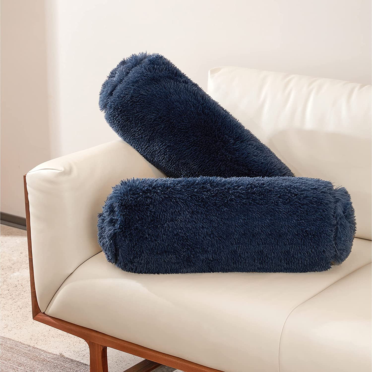 Set Of 2 Shaggy Long Hair Bolster Pillows, Decorative Roll Pillow For
