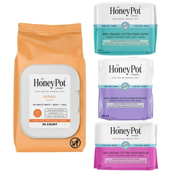The Honey Pot Company - Feminine Wipes & Herbal Pads for Women - Menstrual Ritual Bundle - Wipes for Intimate Parts, Body, or Face - Pads Infused w/Essential Oils for Co