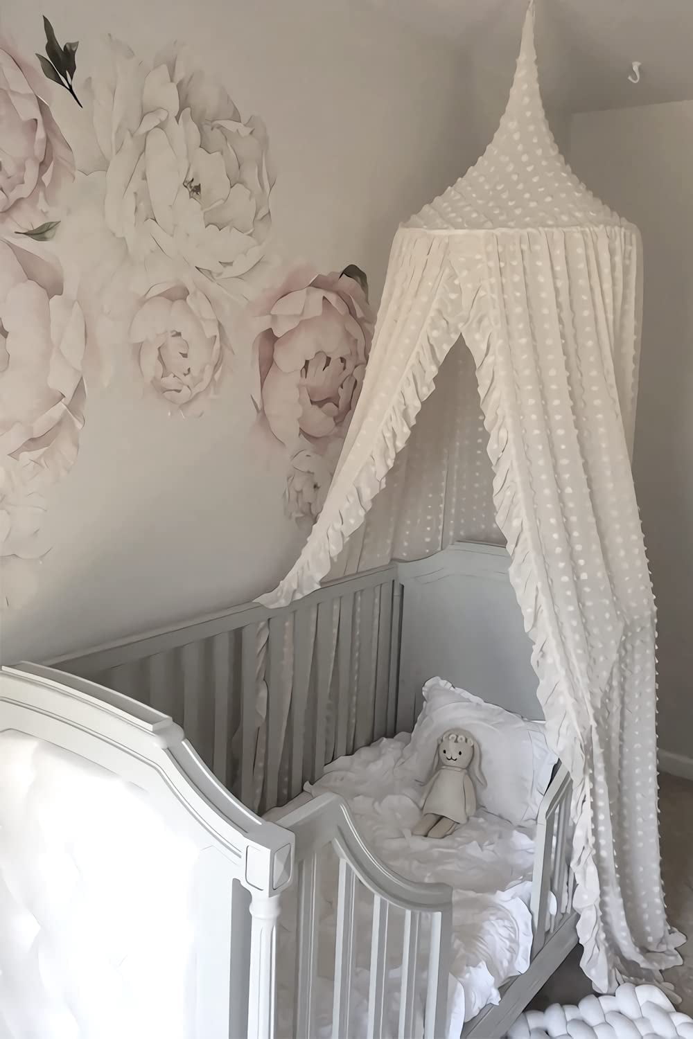 CAILDANL Elegant Kids Bed Canopy - Lace Chiffon Netting with Pom Pom, Princess Girls Fairy Dream Tent, Nursery Room Baby Crib Hanging Curtain Mosquito Net Children Reading Nook Decoration (Beige)