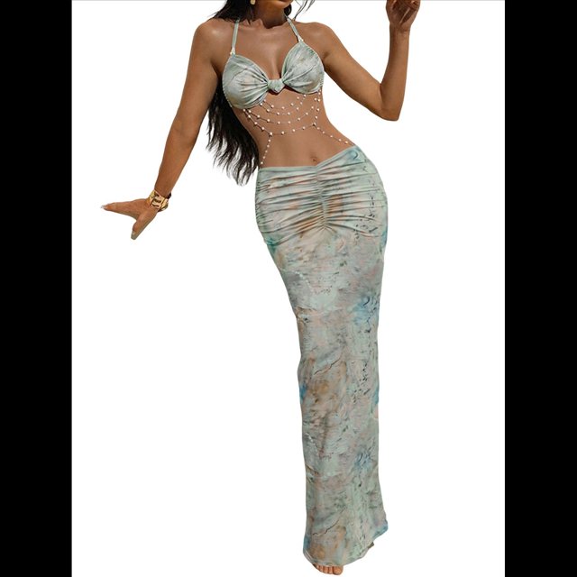 Vestido Maxi de Baño con Estampado Floral Triangular y Espalda Descubierta para Mujer Verde L
