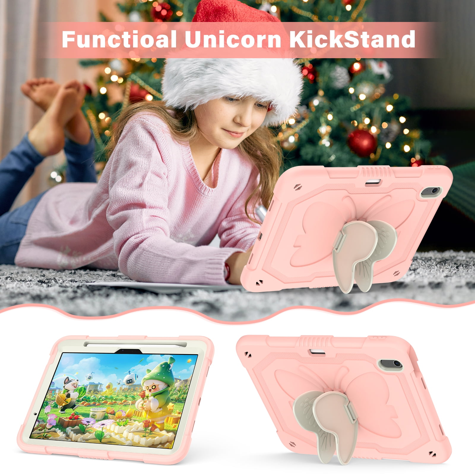 For iPad Air 11 M4 M3 M2 2026 2025 2024 Case, Cute Butterfly Design Heavy Duty Shockproof Shoulder Strap Pencil Holder Kickstand Bumper Kids Friendly Rugged Case for Apple iPad Air 11", Pink+Beige