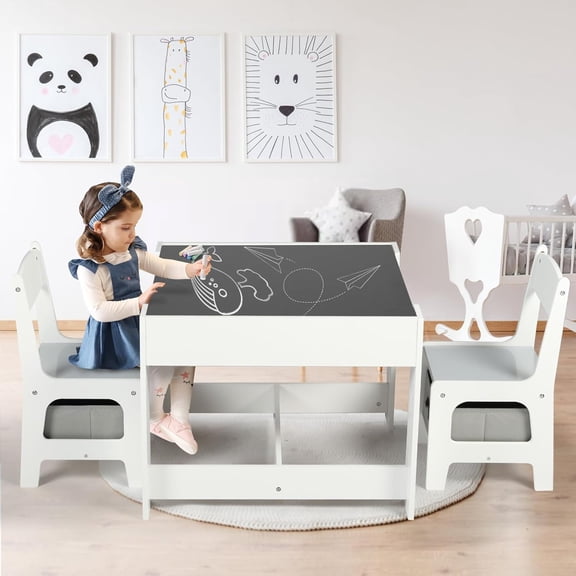 Kids Wood Table & 2 Chairs Set | 3-in-1 Children's Activity Table w/Storage | Removable Top | Chalkboard | Toddler Furniture for Arts, Crafts, Learning | Grey