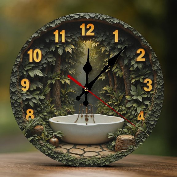 Wall Clock Decorative - Retro Forest Bathtub Print 2D Vintage Wall Clocks Battery Operated Silent Non-Ticking for Bedroom, Living Room, Kitchen, Office, Classroom, 10 Inch