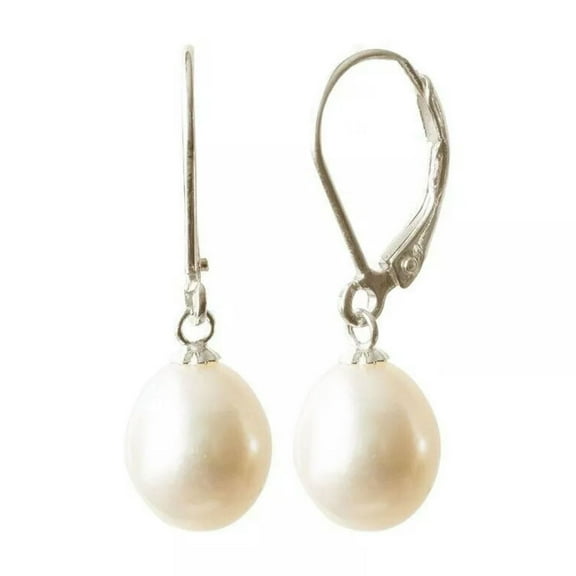 K-KED 8-9mm White Pearl Dangle Drop Earrings Silver Leverback Cultured Freshwater