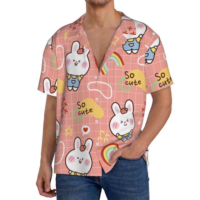 Fotbe Rabbit So Cute Camisa Estampada de Manga Corta para Hombre, Casual de Verano, Estilo Playero, Sin Arrugas-Medium