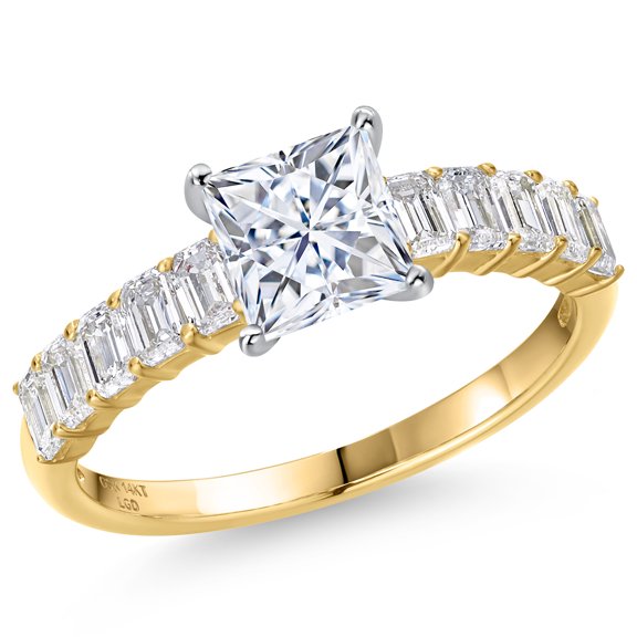 Gem Stone King 14K Two Tone Gold White Moissanite and Lab Grown Diamond Engagement Ring for Women | 2.05 Cttw | Princess 6MM | Gemstone Birthstone | Size 6