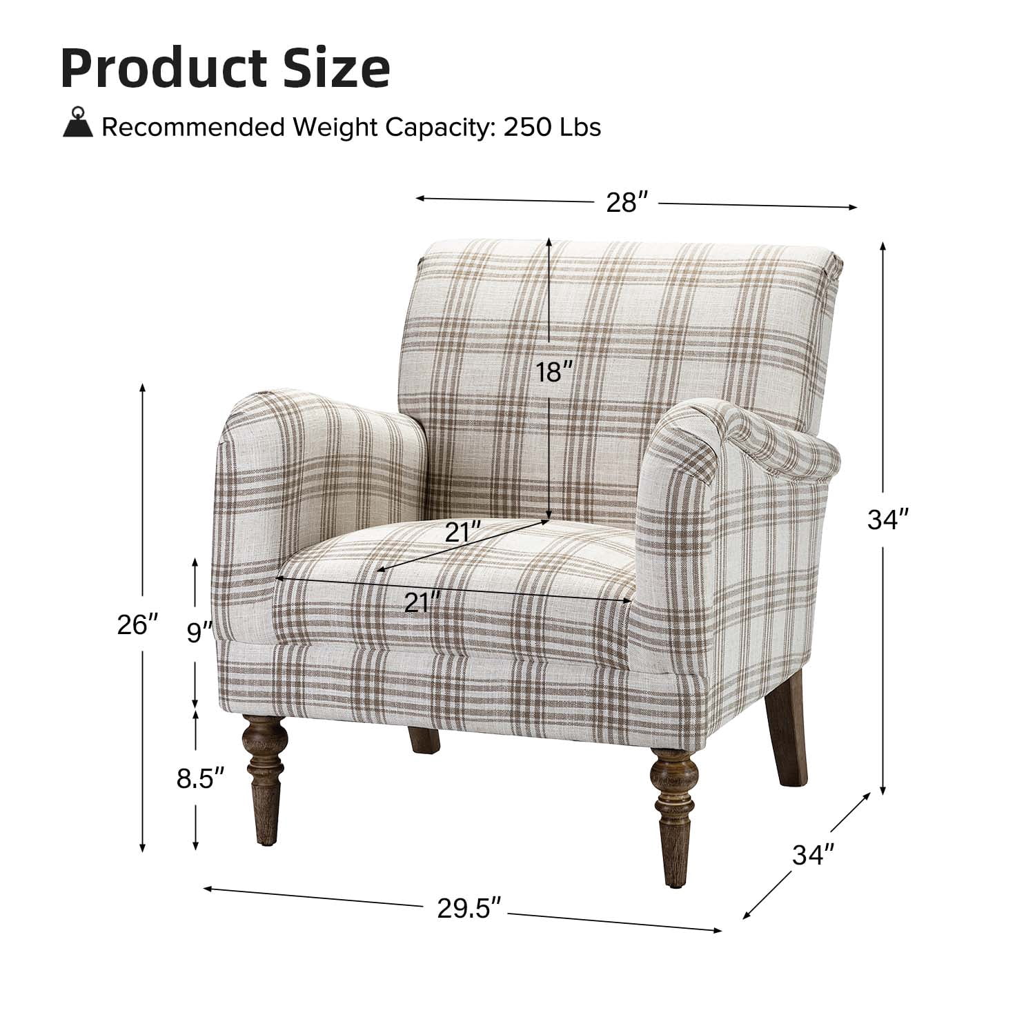 Tina's Home Farmhouse Plaid Accent Chair with Carved Wood Legs ,29.5”W Upholstered Rustic Armchair for Living Room, Bedroom or Reading Nook, GREENGUARD Certified, Tan