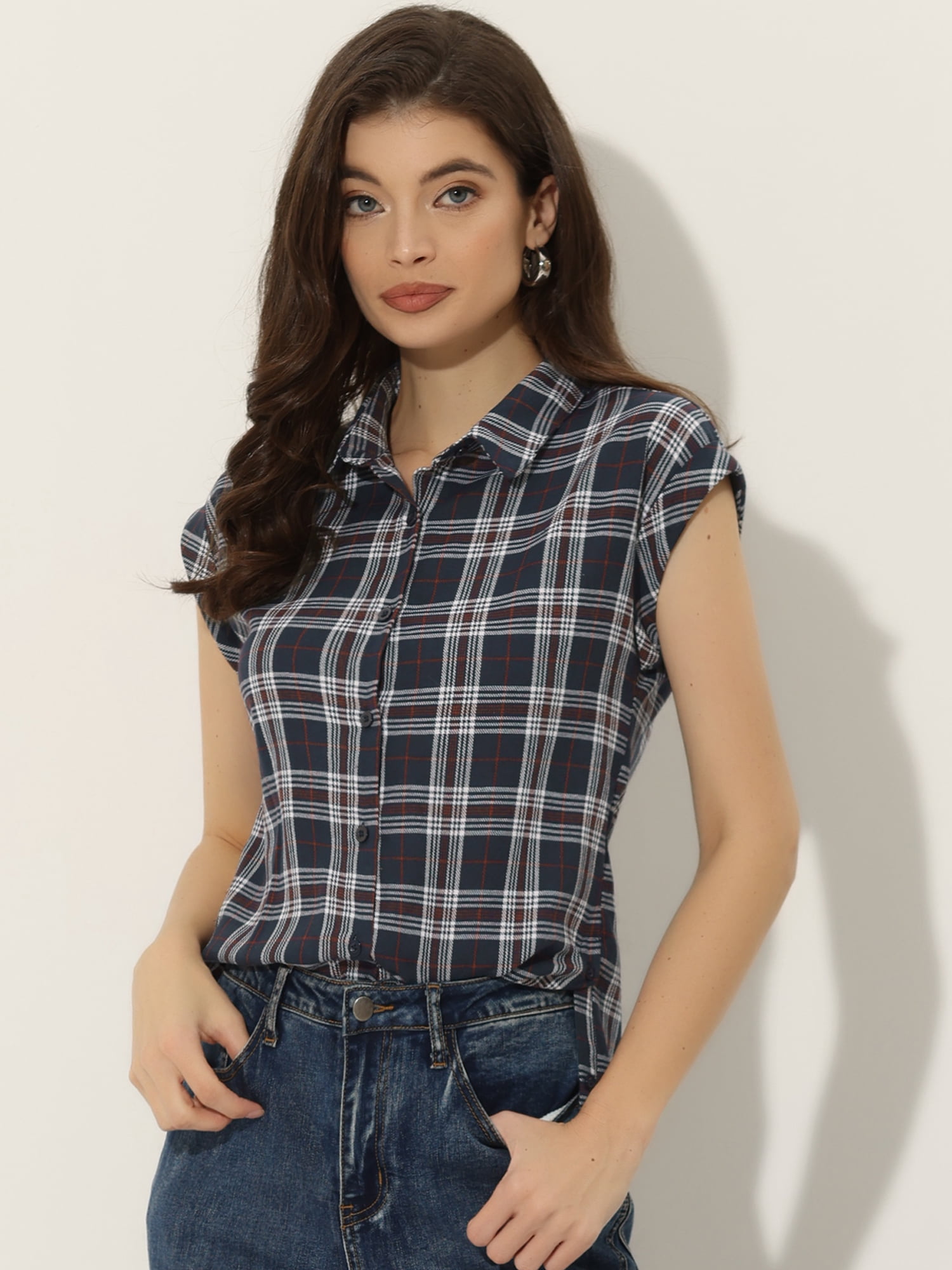 DARING DIVA Women's Summer Plaid Short Sleeves Button Down Shirts XS Navy Blue