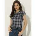 thumbnail image 2 of DARING DIVA Women's Summer Plaid Short Sleeves Button Down Shirts M Navy Blue, 2 of 6