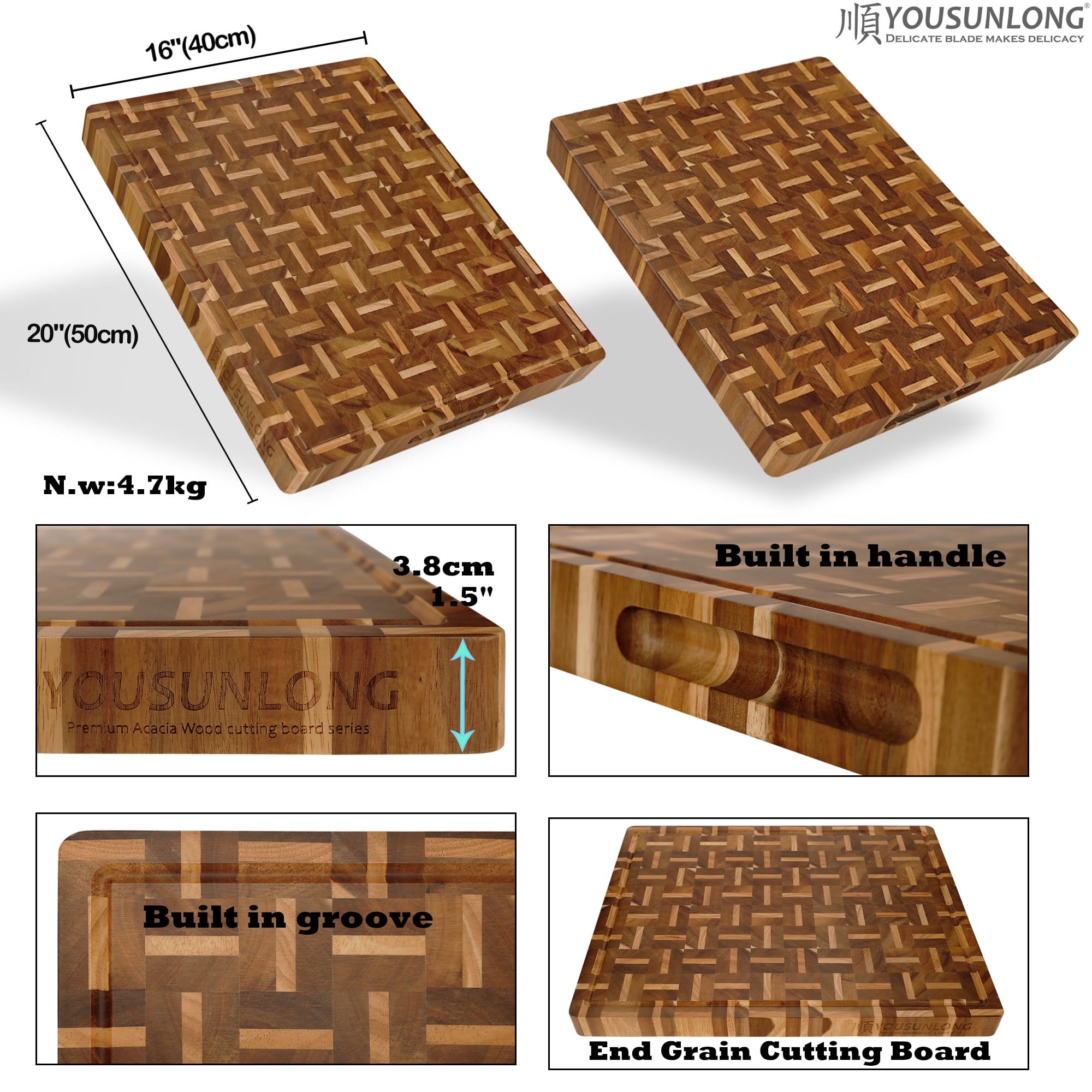 YOUSUNLONG End Grain Cutting Board 20" x 16" x 1.5", Acacia & Oak Wood Chopping Board with Juice Groove and Carry Handles