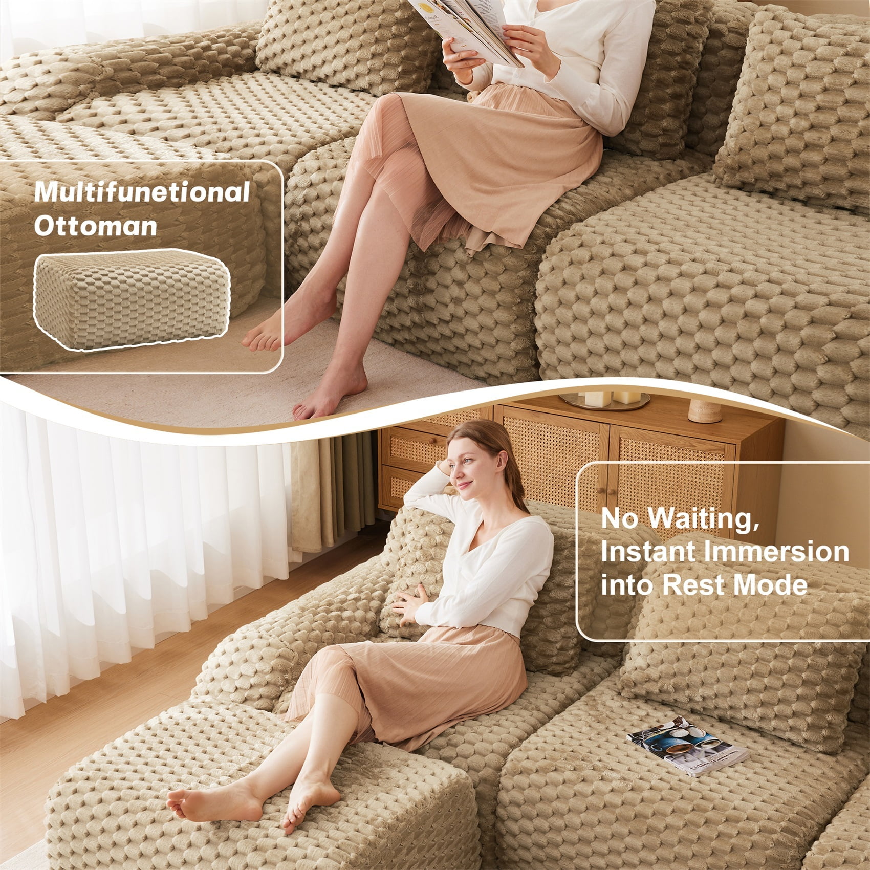 Alvantor 146" Cloud Modular Sectional Sofa with Movable Ottoman, U Shaped Deep Seat Flannelette Boneless Couch for Living Room Bedroom Light Camel
