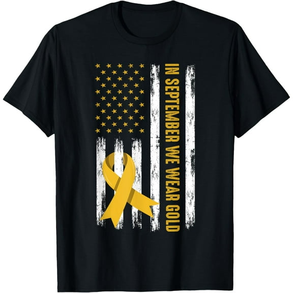 In September We Wear Gold Childhood Cancer Awareness US Flag T-Shirt Men women T-shirt black, gift. Sizes: S, M,L, XL, 2XL, 3XL, 4XL