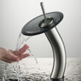 thumbnail image 2 of KRAUS Tall Waterfall Bathroom Faucet for Vessel Sink with Frosted Black Glass Disk and Pop-Up Drain, Satin Nickel Finish, 2 of 10