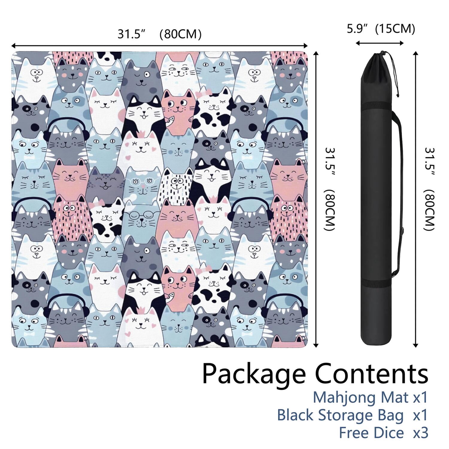 Cute Cat Mahjong Mat for Table, 31.5*31.5in Anti Slip American Mahjong Table Cloth, Noise Reduction, Neoprene Mah jongg Mat with Carrying Bag & 3 Dices, Mahjong Set Gift, Board Tile Games Mats