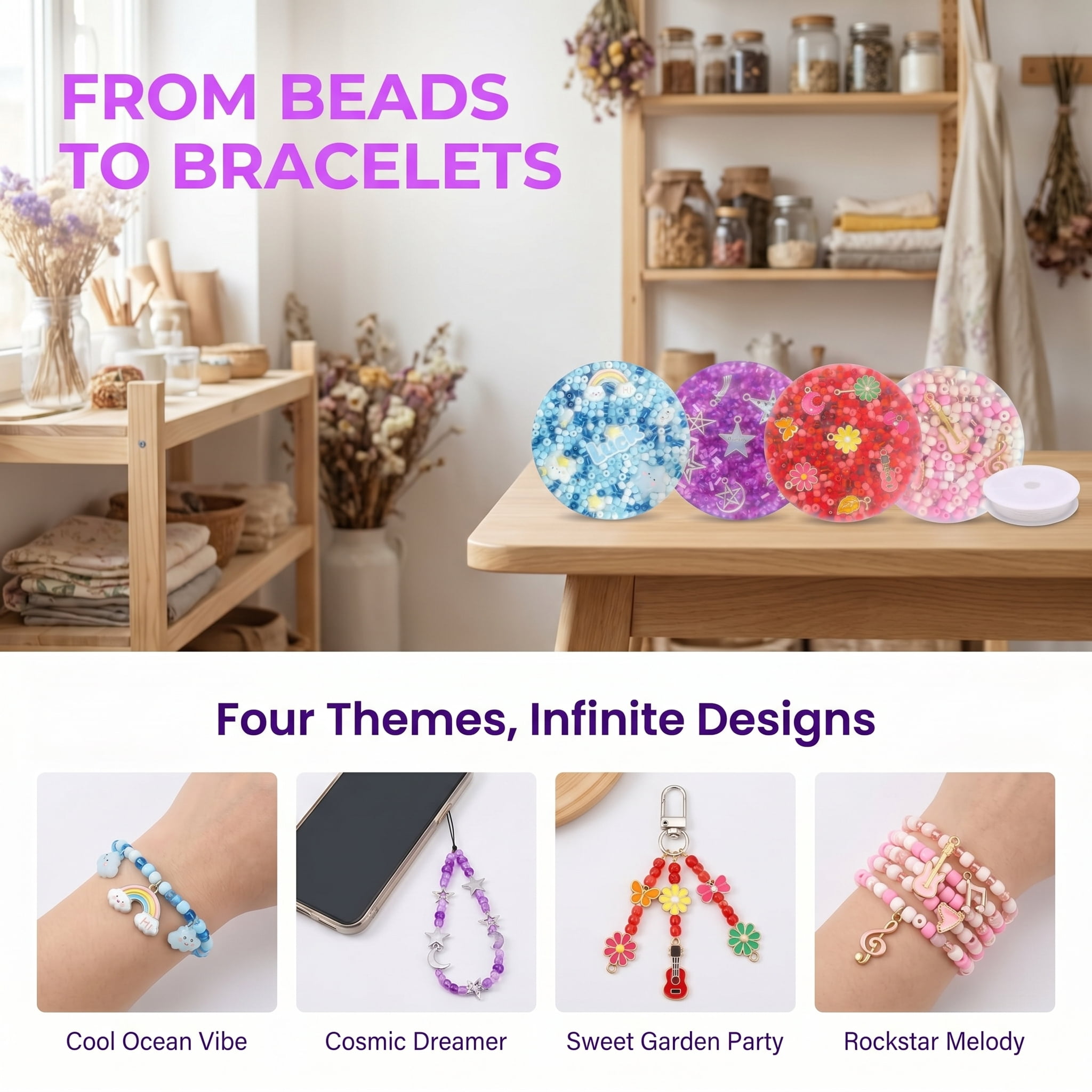 4 Pack Sensory Fidget Pads with Beads & Charms - DIY Bracelet Making Kit, Calming Tactile Toys for Adults & Teens, Portable Stress Relief Toys for Focus & Relaxation