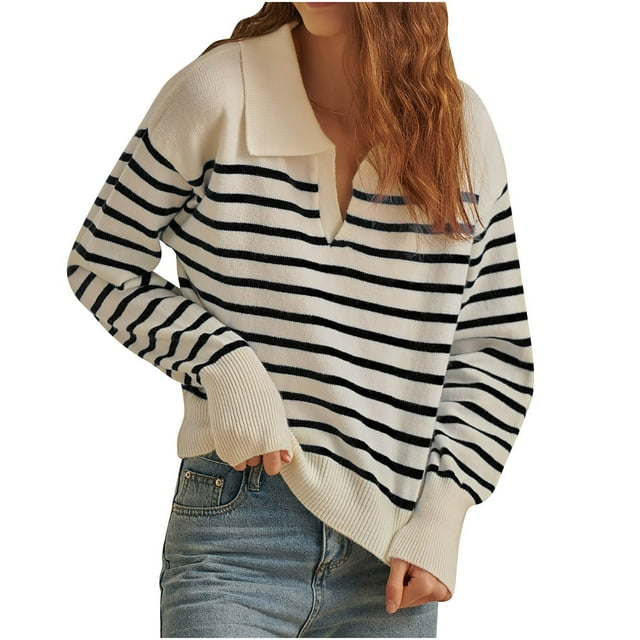 LOVZFMLL Women's Sweaters V-Neck Ribbed Pullover Striped Casual Polo Loose Long Sleeve Tops Warm Fall Winter Clothes