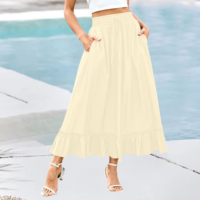 Tidyack,Solid Color Women Skirt, Elastic Waist Drawstring, Mid Length Ruffle, Casual Styling, Daily Wear, Versatile Fashion, Lightweight Cotton Blend, for Office/Travel, Easy Care, Fashion Skirt