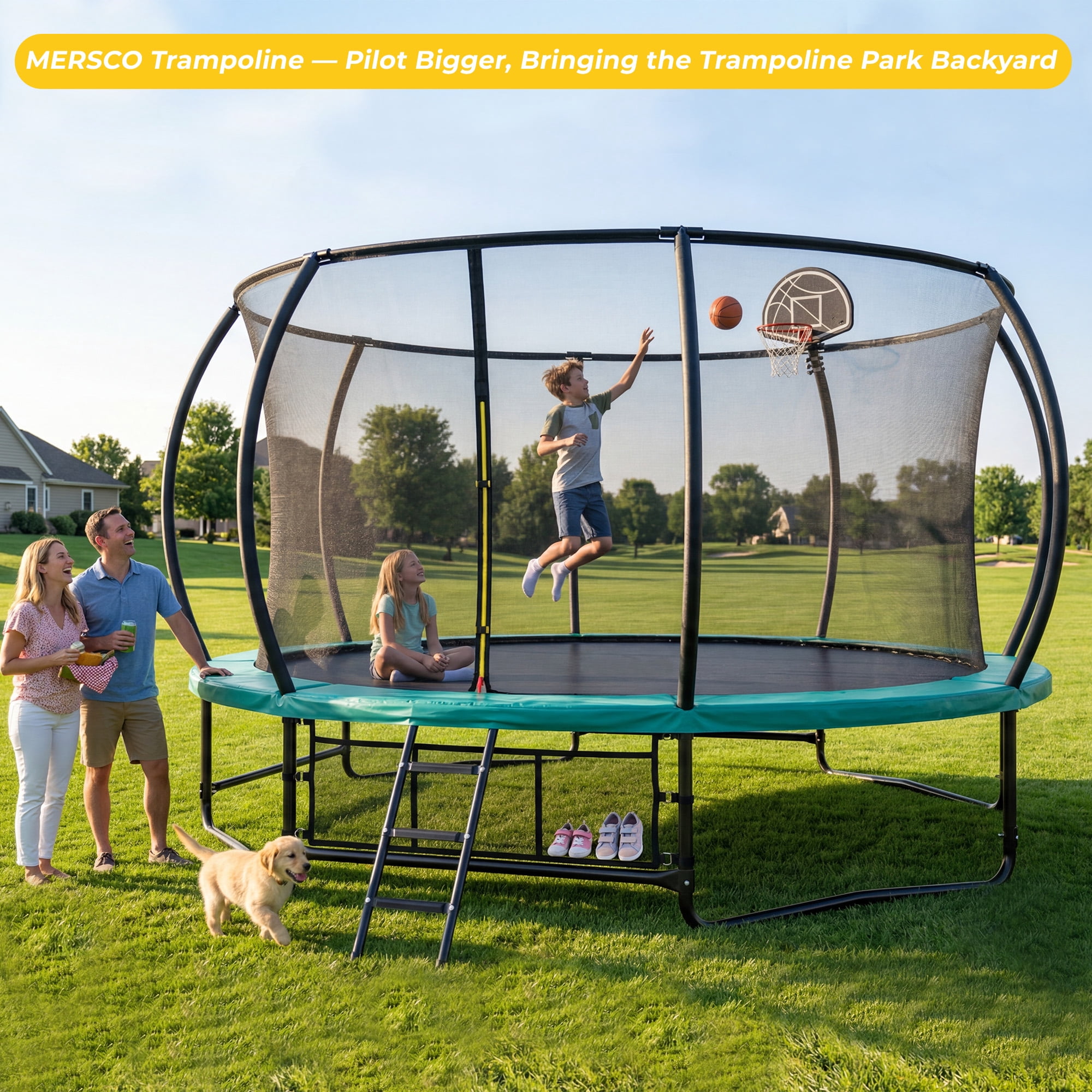 Mersco 14ft Trampoline for Kids and Adults, Pumpkin Outdoor Trampoline with Basketball Hoop,Enclosure Net and Storage Bag, Trampoline SPACE for Boys and Girls Birthday Gifts,Green