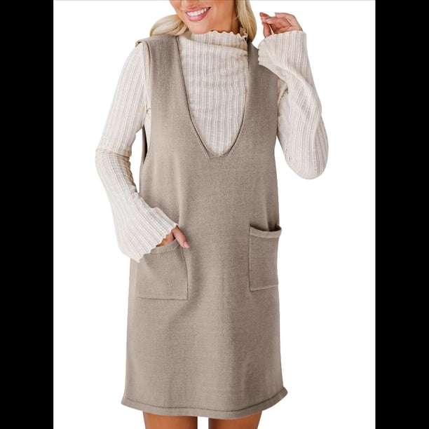 Vestido Corto de Punto Liso Sin Mangas con Cuello en V y Bolsillos para Mujer Flor Gris S