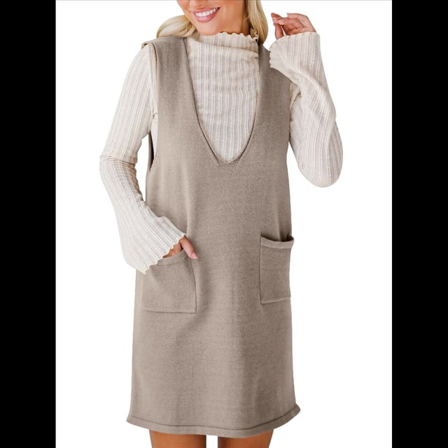 Vestido Corto de Punto Liso Sin Mangas con Cuello en V y Bolsillos para Mujer Flor Gris L
