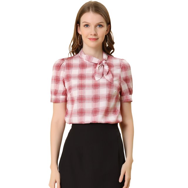 Unique Bargains Chemisier à Carreaux pour Femmes, Col Noué, Manches Courtes Bouffantes Rétro