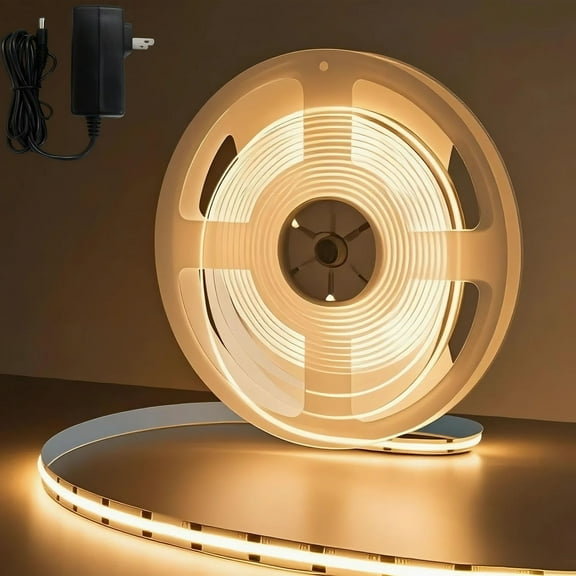 12V Thin COB LED Strip Light 8mm PCB width,3000K 16.4ft(5M) Flexible 3M Adhesive Tape, CRI>90 320 LEDs/M 7W/M Dotless High Density for Cabinet/Stairs/Shop DIY( Power Adaptor Included)