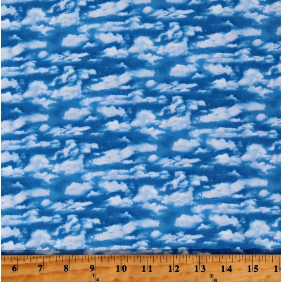 Cotton Clouds Sky Landscape Medley Blue Cotton Fabric Print by the Yard (505BLUE)