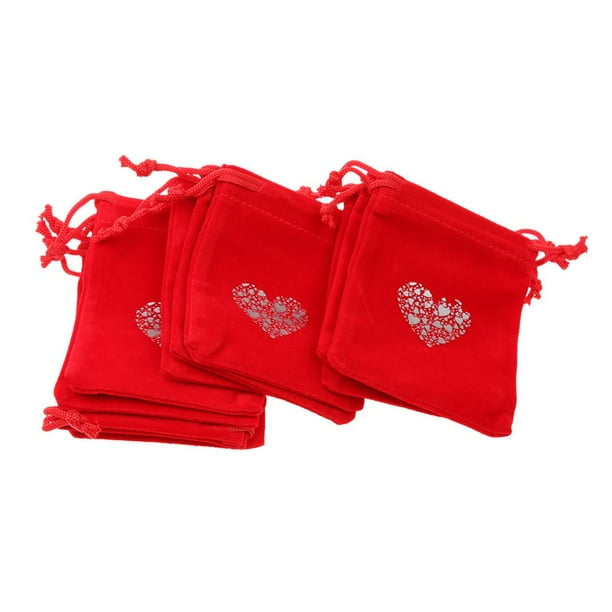 Paquete de 10 bolsitas navideñas de terciopelo con cordón ajustable en forma de corazón para joyería, dulces y regalos de boda. Rojo brillante