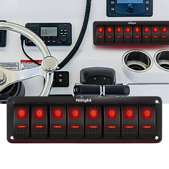 Nilight 8 Gang Rocker Switch Panel 5Pin on off Toggle Switch Aluminum Holder 12V 24V Dash Pre-Wired Red Backlit Switches for Automotive Cars Marine Boats RVs Truck