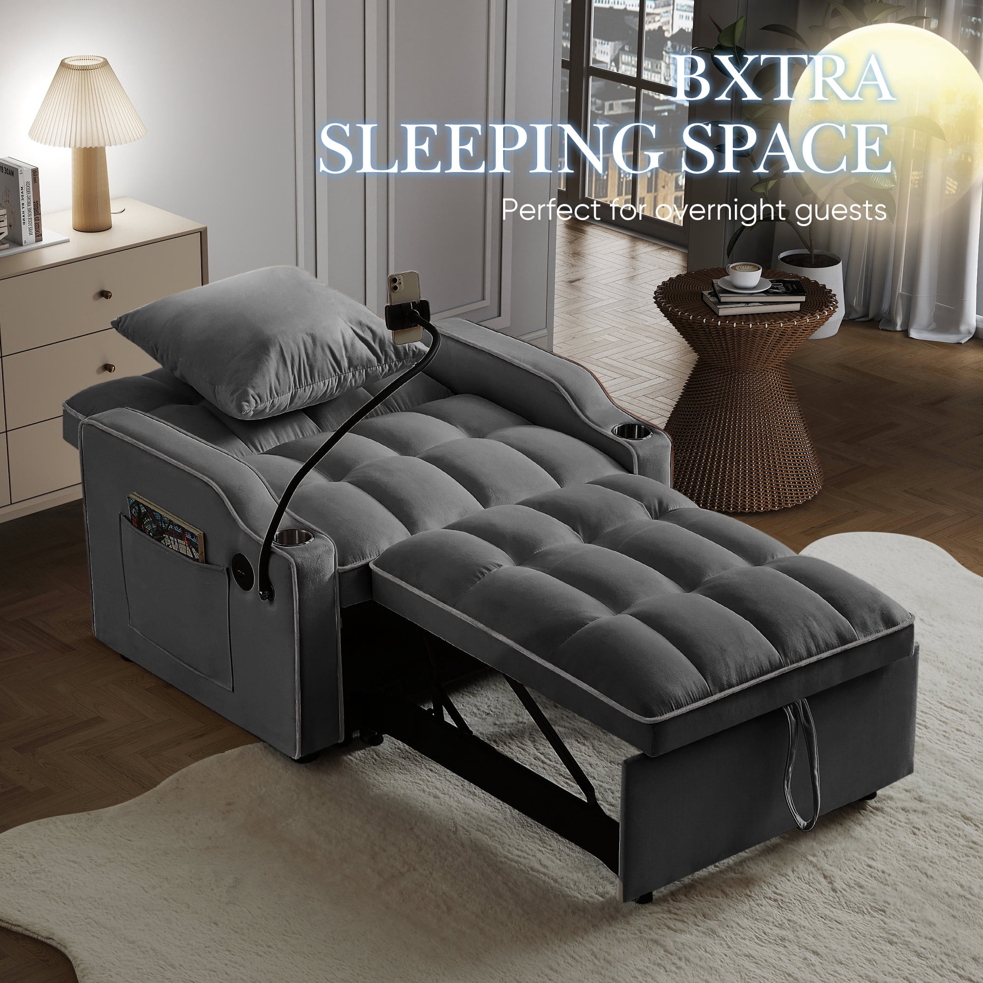 Lunale 4-in-1 Convertible Sleeper Chair Bed with Charge Ports & Phone Stand, Gray Velvet