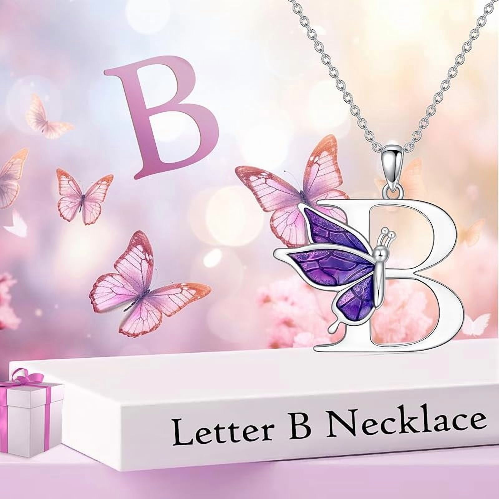 AOBOCO Initial Necklace for Women 925 Sterling Silver Purple Butterfly with A-Z 26 Letters Pendant Necklace for Graduation Gifts