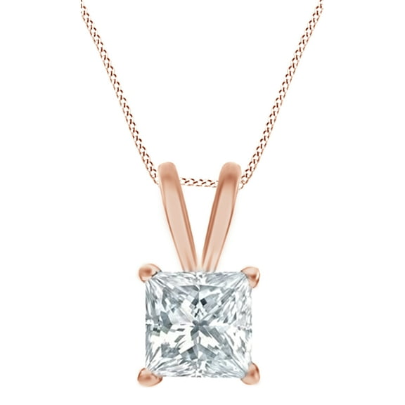 AFFY Princess Cut White Natural Diamond Solitaire Pendant Necklace In 14k Rose Gold