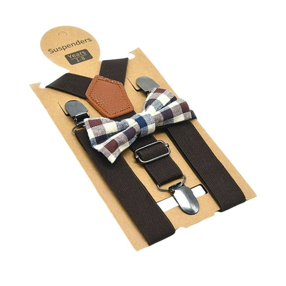 Conjunto de tirantes y pajarita para niños. Incluye 3 clips metálicos en forma de Y. Tirantes ajustables con elástico para disfraces formales. Café oscuro
