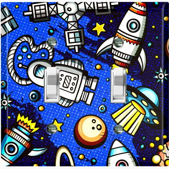 Metal Light Switch Wall Plate Outlet Cover (Spaceship UFO Astronaut Rocket Outerspace Star Dark Blue- Double Toggle)