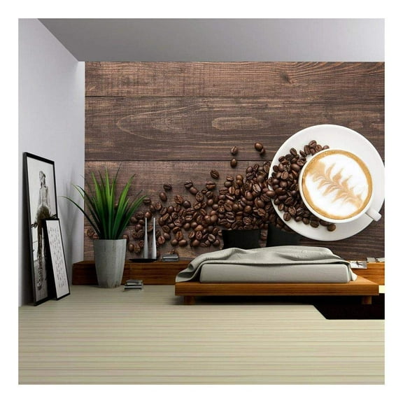 wall26 - Coffee Cup and Coffee Beans on Wooden Background. Top View. - Removable Wall Mural | Self-Adhesive Large Wallpaper - 66x96 inches
