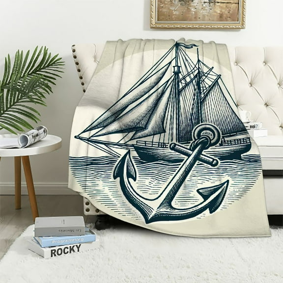 COMIO Vintage Nautical Throw Blanket Old Sailboat Anchor Plush Blanket Marine Ocean Themed Fuzzy Blanket and Throws Sea Shell Starfish Fluffy Sherpa Blanket Throw