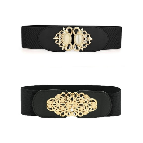 INSPIRE CHIC Womens Elastic Wide Waist Belts Metal Buckle Stretchy Belts for Dress 67cm/26.38"&67cm/26.38" Knot Shape Black&Oval Shape Black