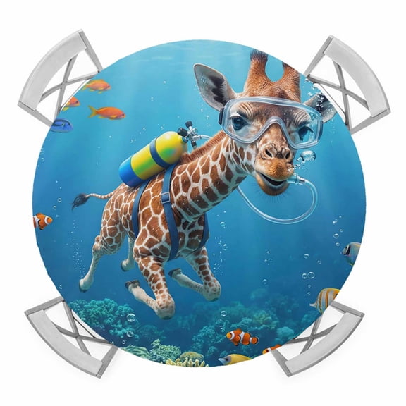 Elastic Fitted Round Tablecloth, Funny Diving Giraffe Waterproof Stretch Table Cover for 55"-60" Tables, Ocean Coastal Coral Fish Marine Life Washable Outdoor Tablecloths for Patio, Picnic, Camping