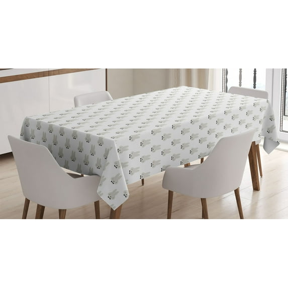 Bunny Tablecloth, Pale Grey Silhouette Head of Rabbits with Bowties Hipster Gentlemen, Rectangle Satin Table Cover Accent for Dining Room and Kitchen, 52" X 70", Pale Grey Black, by Ambesonne
