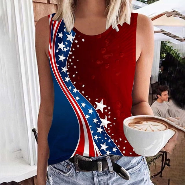 Wiyuqeen Débardeurs Rouges Blancs Bleus pour Femmes Sans Manches Col Rond Débardeurs 4 Juillet Débardeurs Patriotiques Jour de l'Indépendance Grande Taille Débardeurs de Vacances