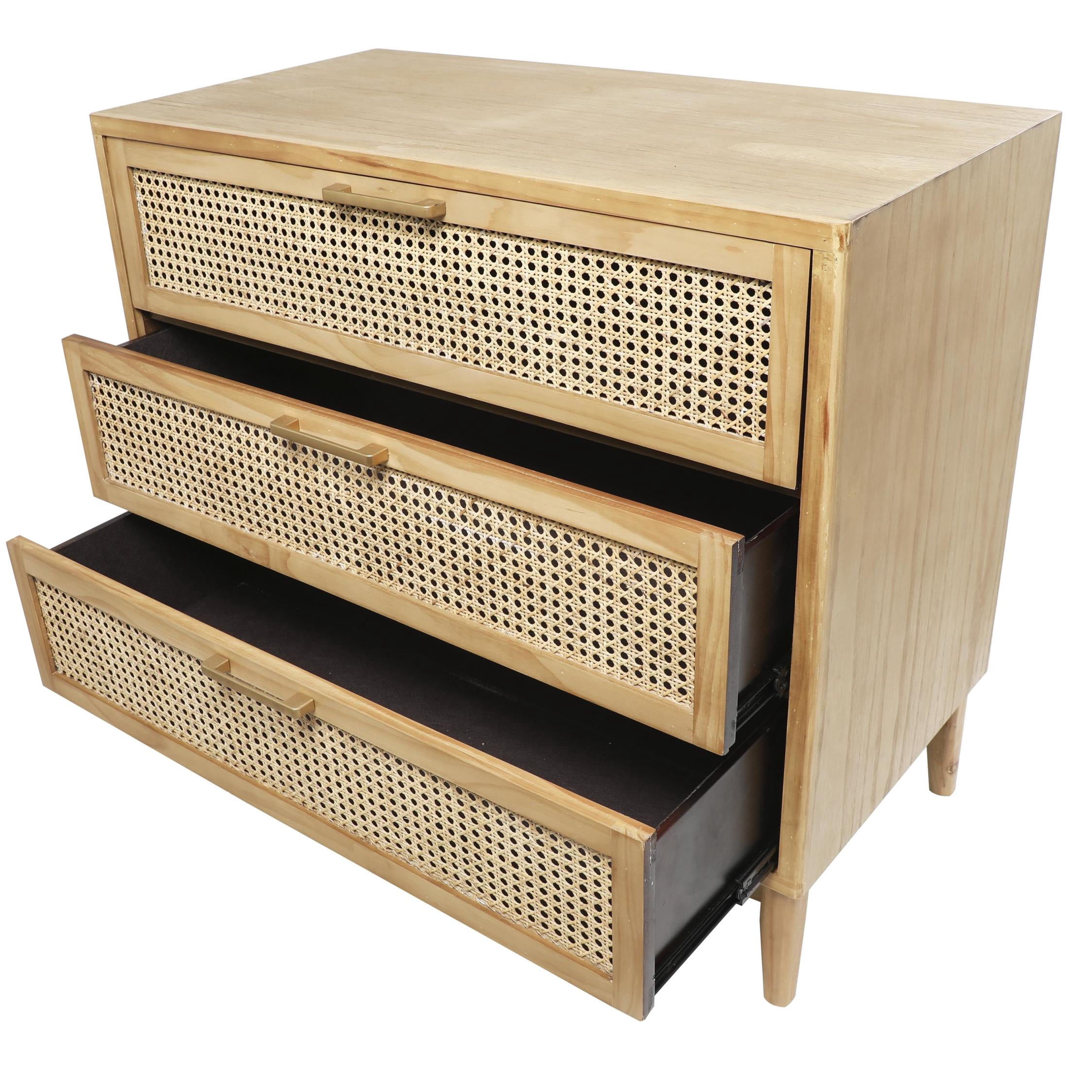 DecMode 36" x 32" Light Brown Wood 3 Drawer Chest with Beige Rattan Drawers and Gold Handles, 1-Piece