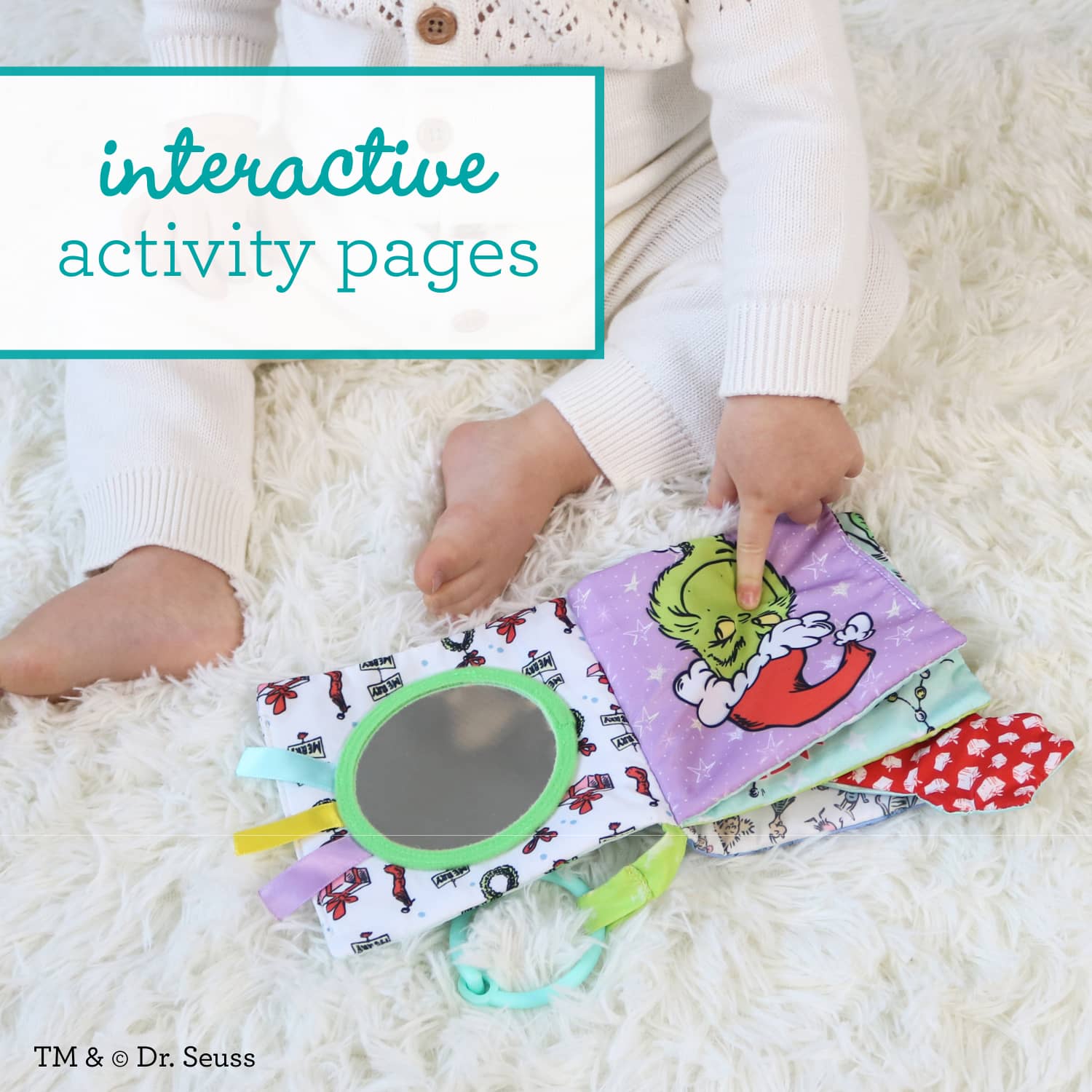 Infantino Lil’ Explorer Soft Book, The Grinch Holiday Sensory Toy for Babies with Crinkle, Squeaker & Clacker Rings