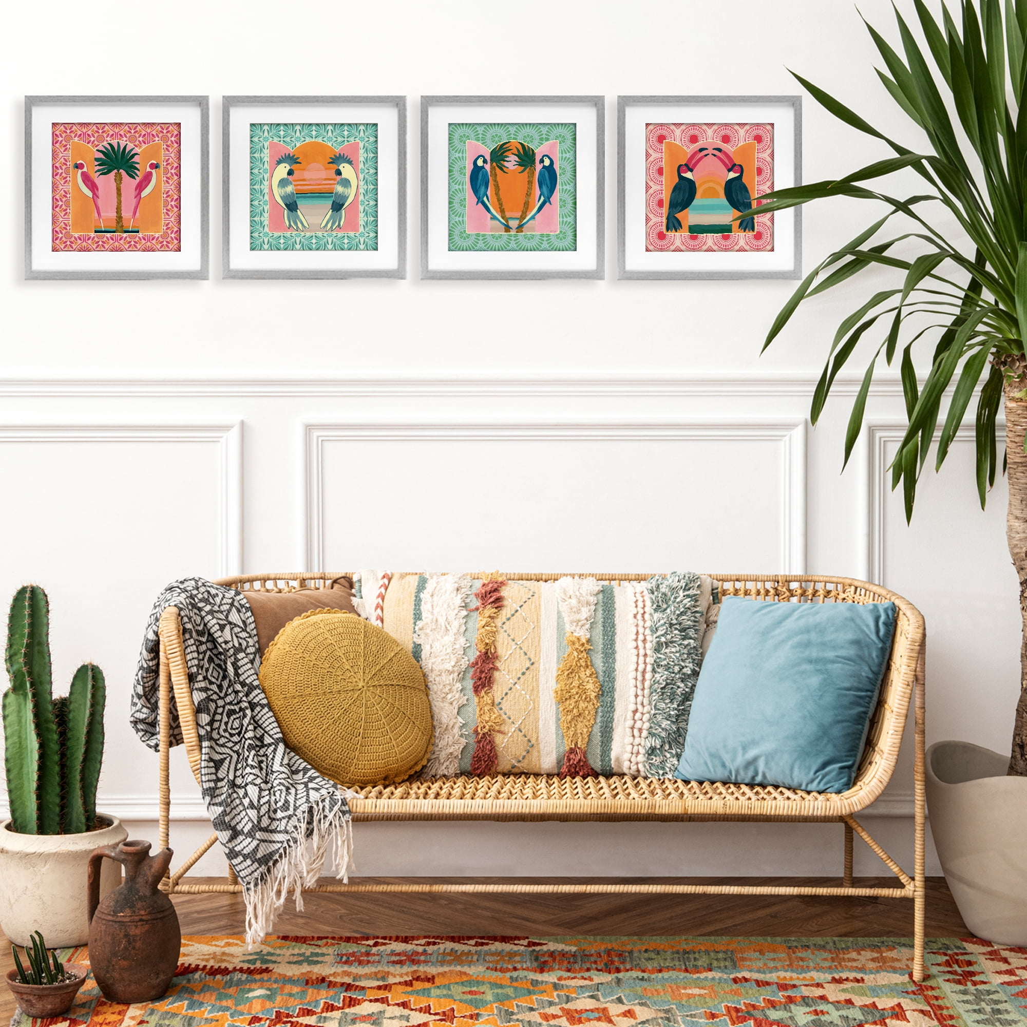 Stupell Industries Patterned Twin Bird Symmetry 4 Piece Gray Framed Print Under Glass Set, design by Yvette St. Amant