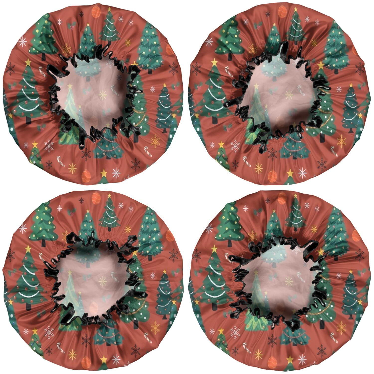 Shower Caps,Red Christmas Tree and Ornament Pattern Waterproof Shower Cap for Women 4 Pieces,Double Reusable Hair Cover for Shower PEVA Elastic Stretch Hem
