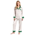 thumbnail image 2 of Ensemble de Pyjama en Satin pour Femmes, Couleur Unie avec Garniture Contrastée, Haut à Manches Longues avec Col Cranté et Pantalon, Détail de Manchette Contrastée Élégant, Vêtements de Nuit à Boutons Vert Clair, 2 of 8