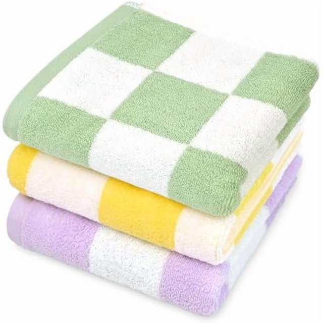 wonima44 Jacquotha Checkered Hand Towels for Bathroom, Cotton 3-Piece Decorative Kitchen Towels, Guest, Gym in Sage Green, Yellow, Lavender, 13x28 Inches