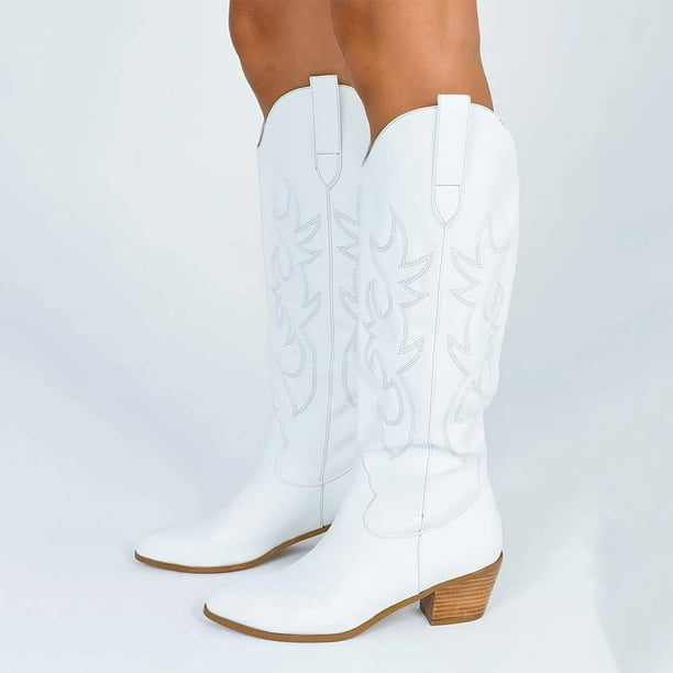 Cowboy Boots for Women Embroidered PullOn Chunky Stacked Heel Cowgirl
