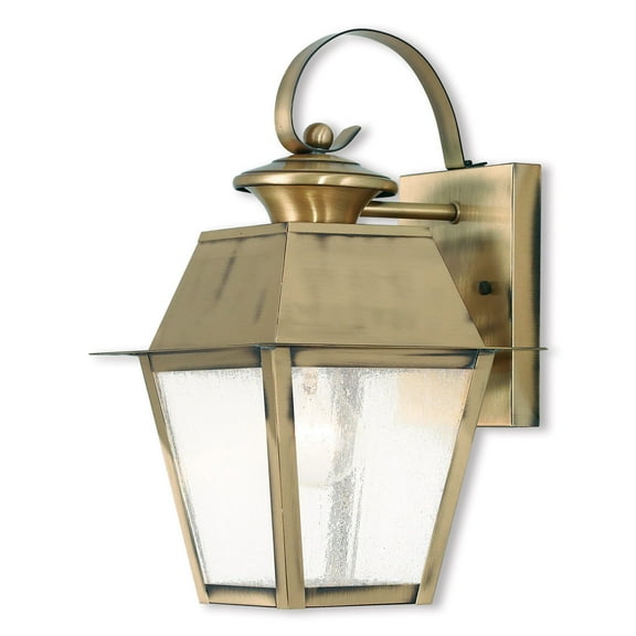 7.5 inch 1 Light Antique Brass Outdoor Wall Lantern Pendant Lighting Fixture with Seeded Glass Shade backed with Hand Crafted Solid Brass material for patio, front porch, entryway and more
