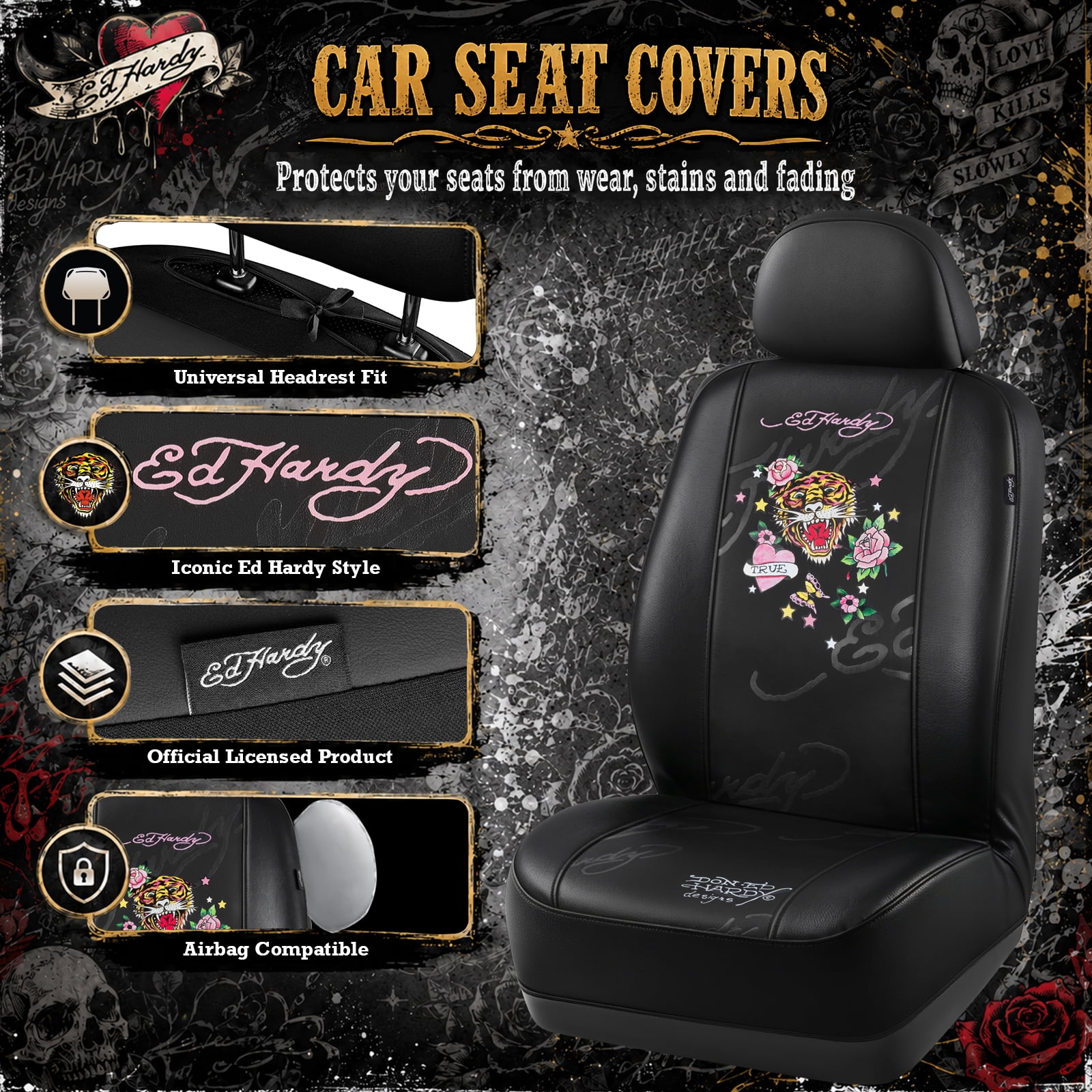 Ed Hardy Car Seat Covers,Pink Heart Floral Tiger Graphic Front Seat Covers, Fashion Seat Cover Set, Stylish Anti-Slip Universal Fit for Cars SUVs Trucks