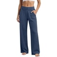 thumbnail image 2 of Stretch Womens Wide Leg Sweatpants Petite High Waist Soft Athletic Pants Lightweight Workout Lounge Pants for Yoga Gym Running Pull On Pants Dark Blue M, 2 of 5